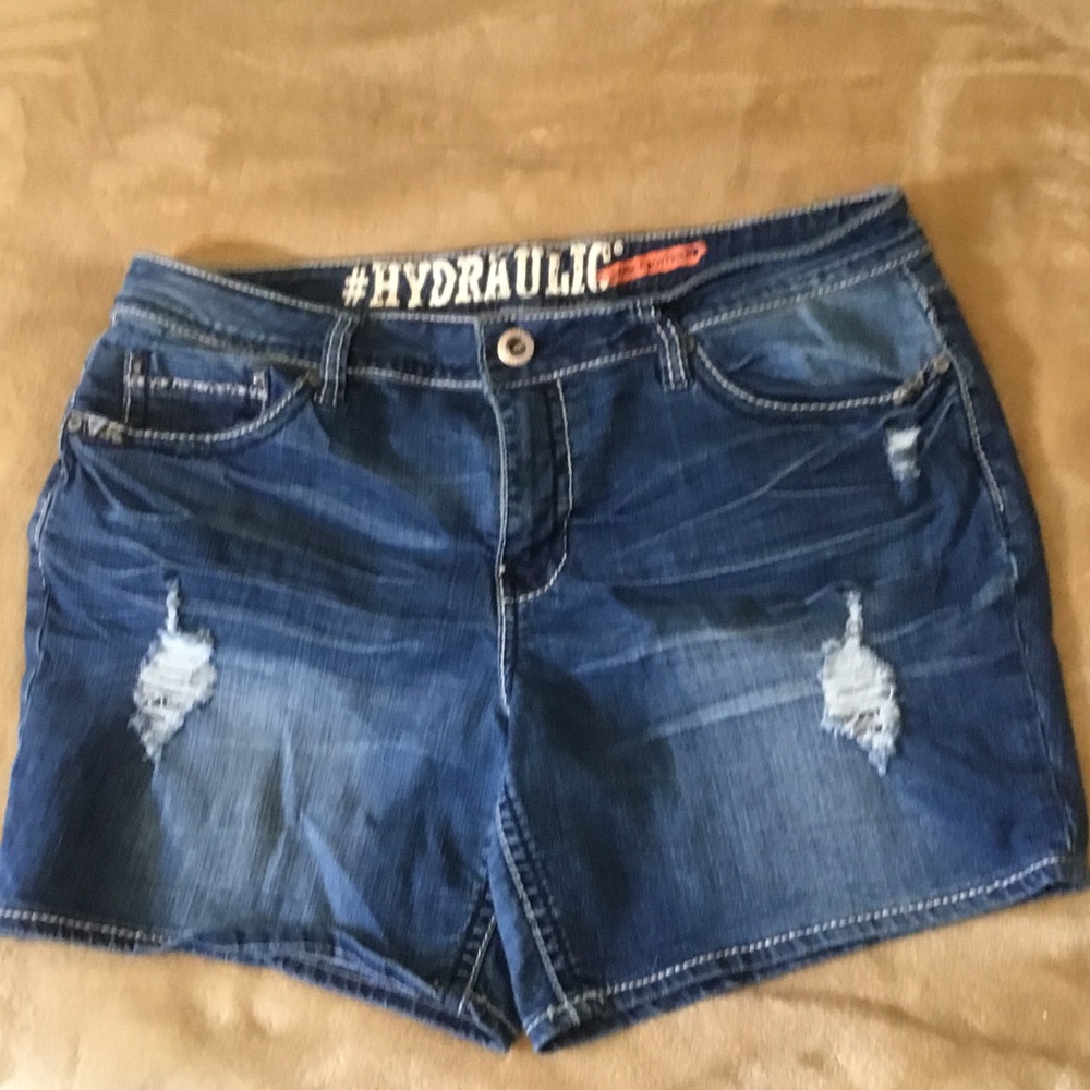 Hydraulic Dark Blue Distressed Denim Jean Shorts